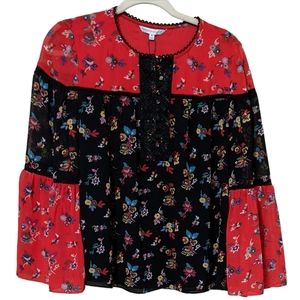 Rebecca Minkoff multicolor, patterned bell sleeve Luca top blouse size m…